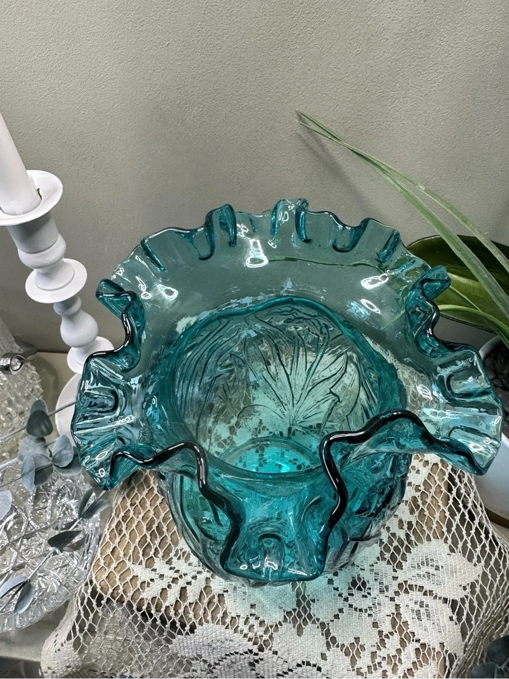 🌼 Vintage Fenton Glass Teal Blue Daffodil Vase 🌼